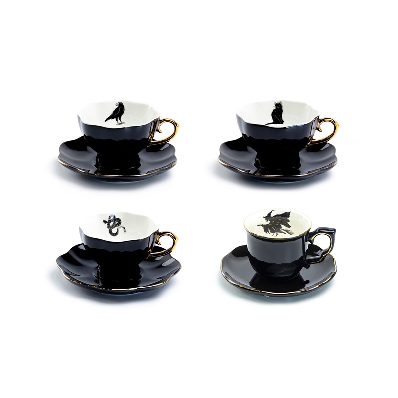 4 Assorted Halloween Tea Cup and Saucer Sets – Raven, Cat, Snake, Witch