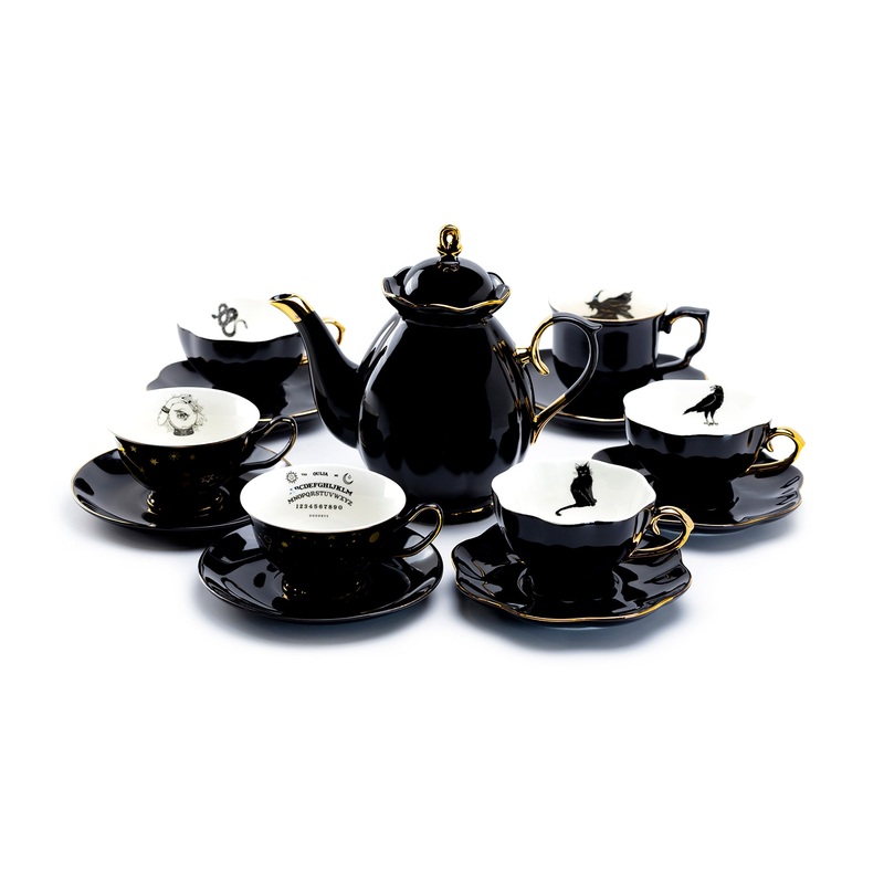 Black Gold Scallop Teapot + 6 Assorted Halloween Tea Cup and Saucer Sets – Ver. A