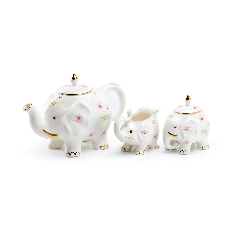 Pink Flower Elephant Fine Porcelain Tea Set