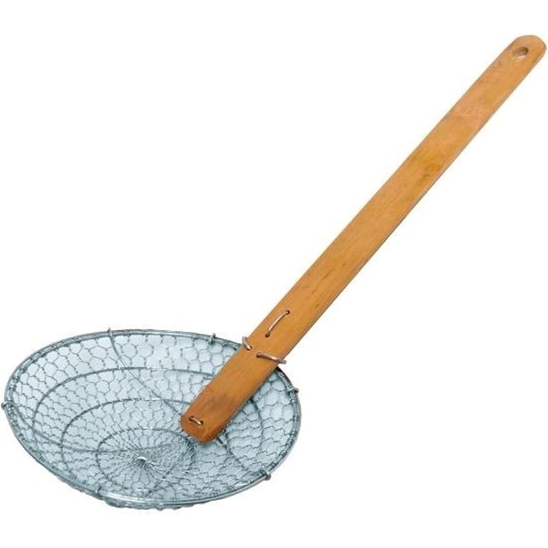 Stainless Steel Mesh Skimmer with Natural Bamboo Handle- Spider Strainer Ladle Kitchen Frying Food Pasta Spaghetti for Cooking and Frying Pasta Strainer Spoon