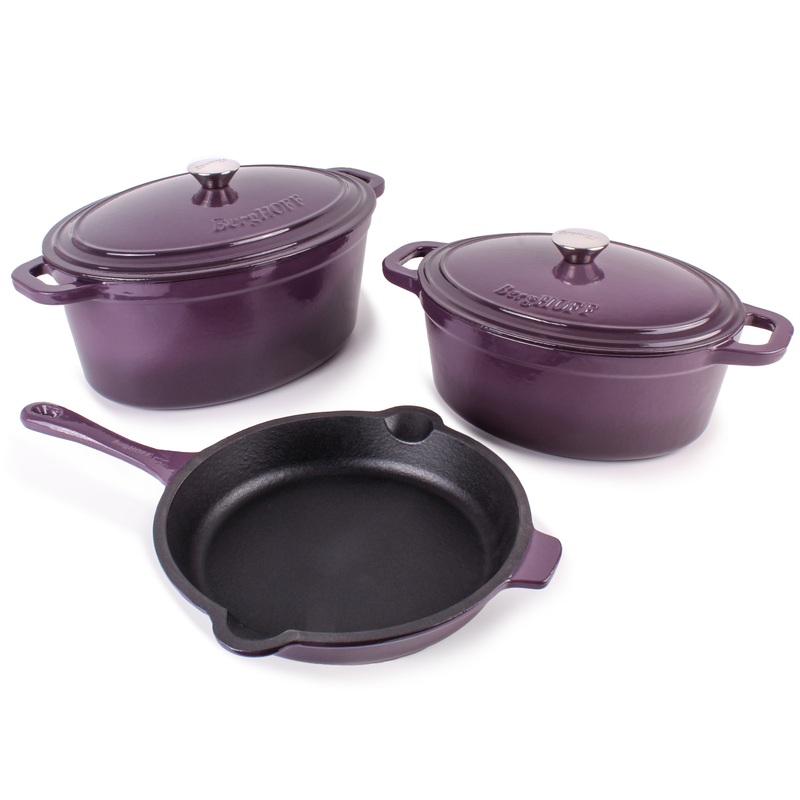 BergHOFF Neo 5pc Cast Iron Oval Dutch Oven Set with 10″ Fry Pan, 5qt. & 8qt., Purple
