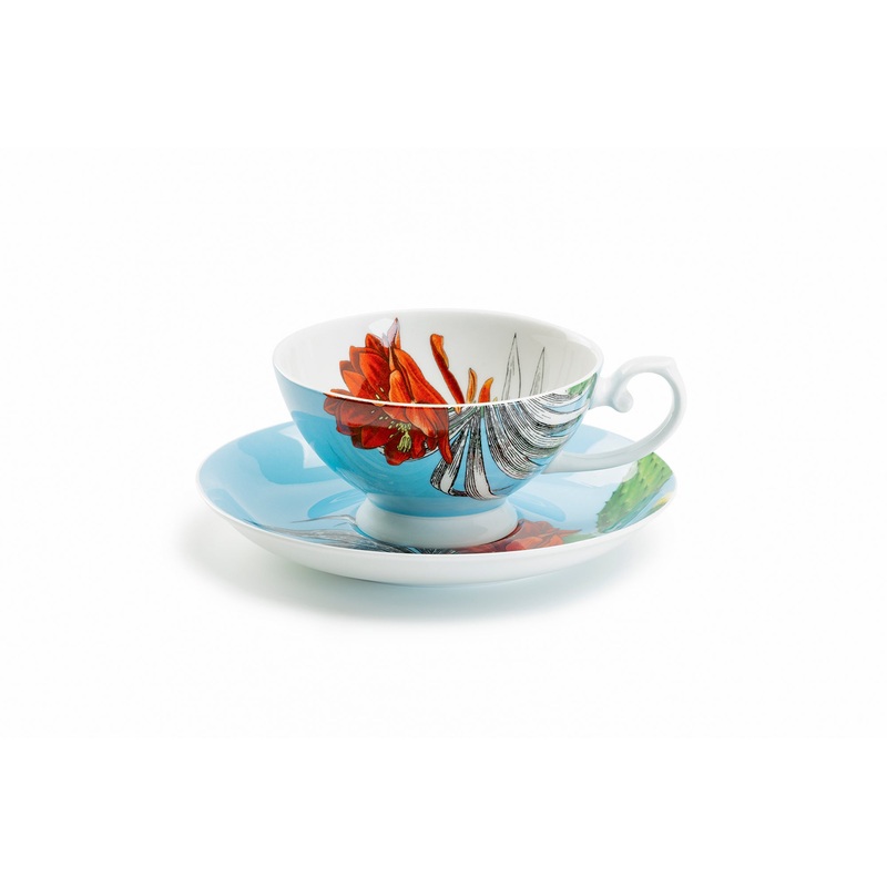 Cactus Flower and Palm Leaf Bone China Tea Cup and Saucer