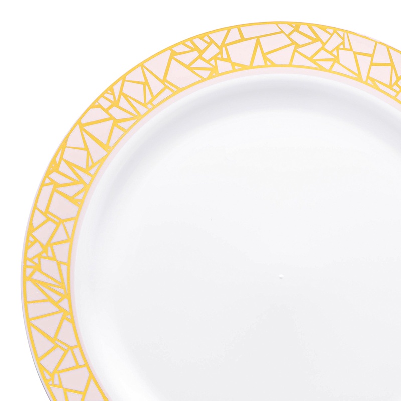 White with Pink and Gold Mosaic Rim Round Plastic Dinner Plates (10.25″)