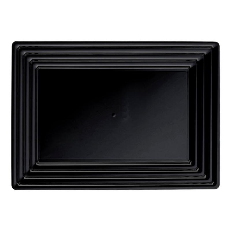 9″ x 13″ Black Rectangular with Groove Rim Plastic Serving Trays