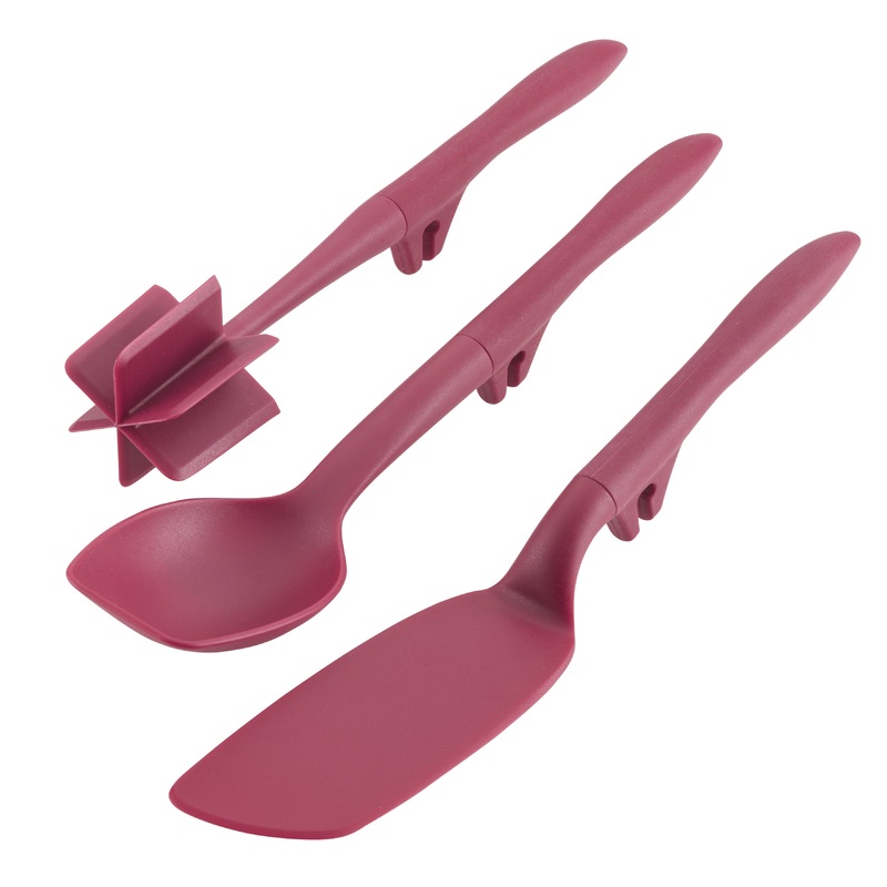 Rachael Ray Tools and Gadgets Lazy Crush & Chop, Flexi Turner, and Scraping Spoon Set, 3-Piece, Burgundy