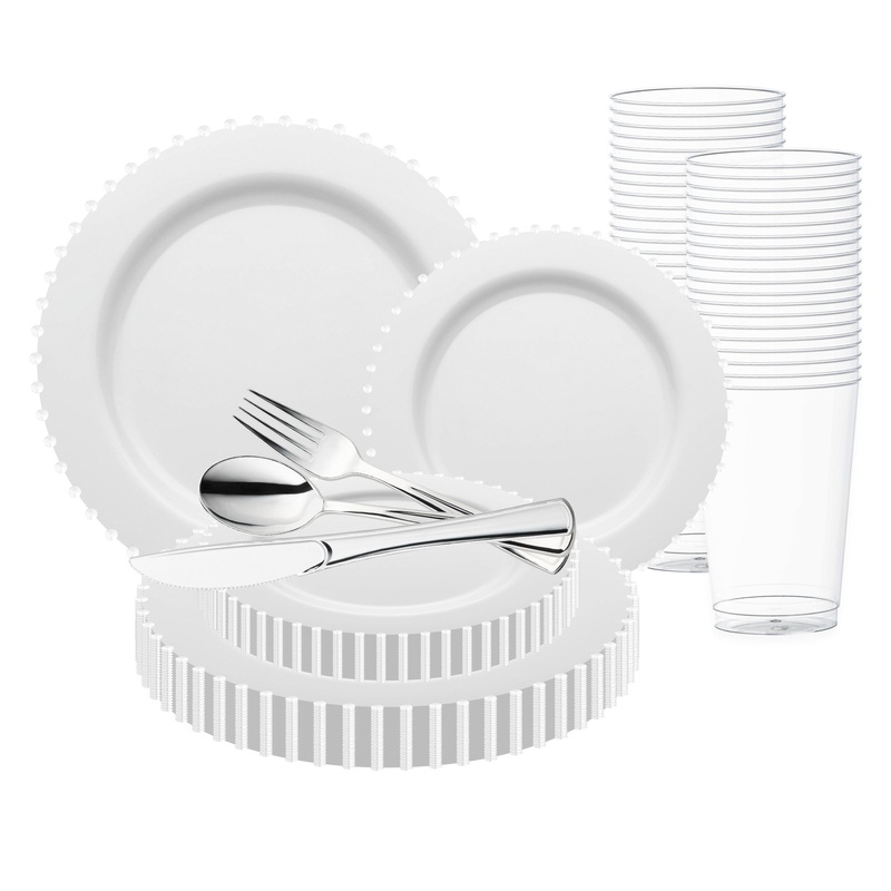 White Pearl String Round Disposable Plastic Wedding Value Set
