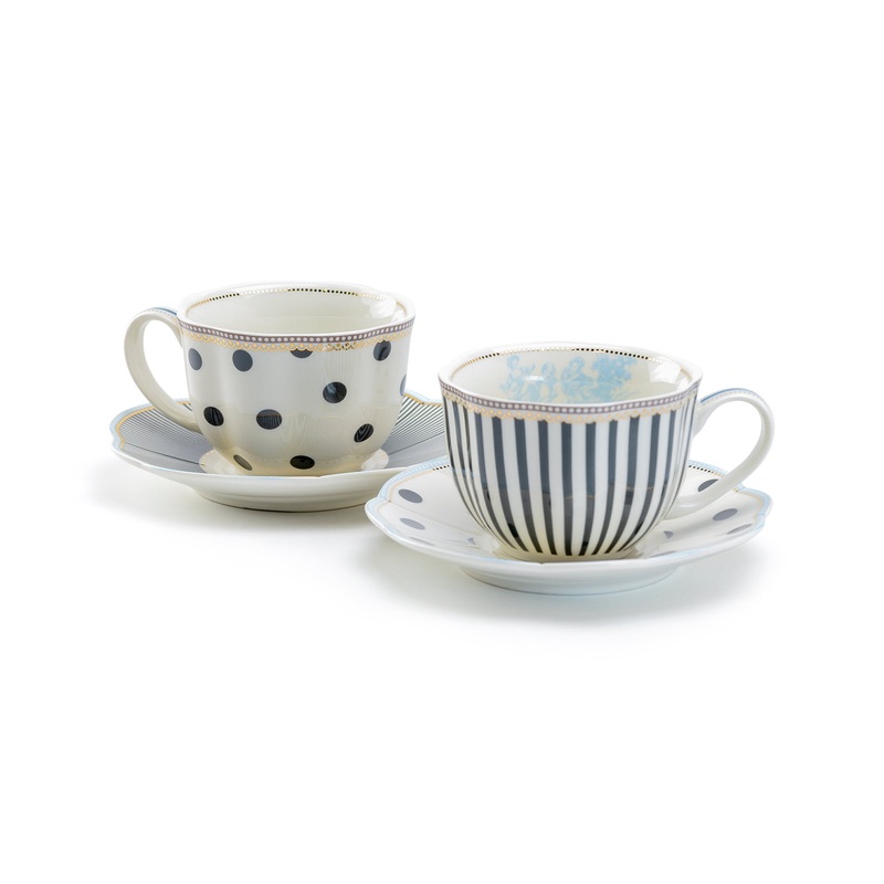 Dark Gray Stripes and Dots with Blue Toile Fine Porcelain Cup and Saucer Set of 2
