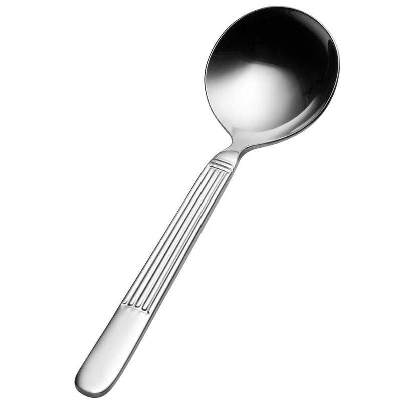 Bon Chef SBS3601 Apollo 5 5/8″ 18/0 Extra Heavy Weight Bonsteel Bouillon Spoon – 12/Pack