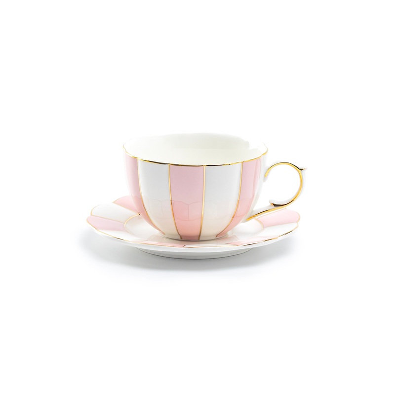 Pink and White Scallop Fine Porcelain Tea Cup and Saucer
