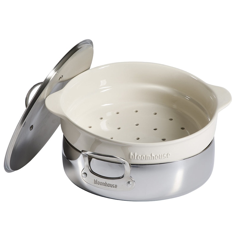 Bloomhouse 6-Quart Triply Stainless Steel Everyday Pan w/ Non-Stick Non-Toxic Ceramic Interior and Ceramic Steamer Insert