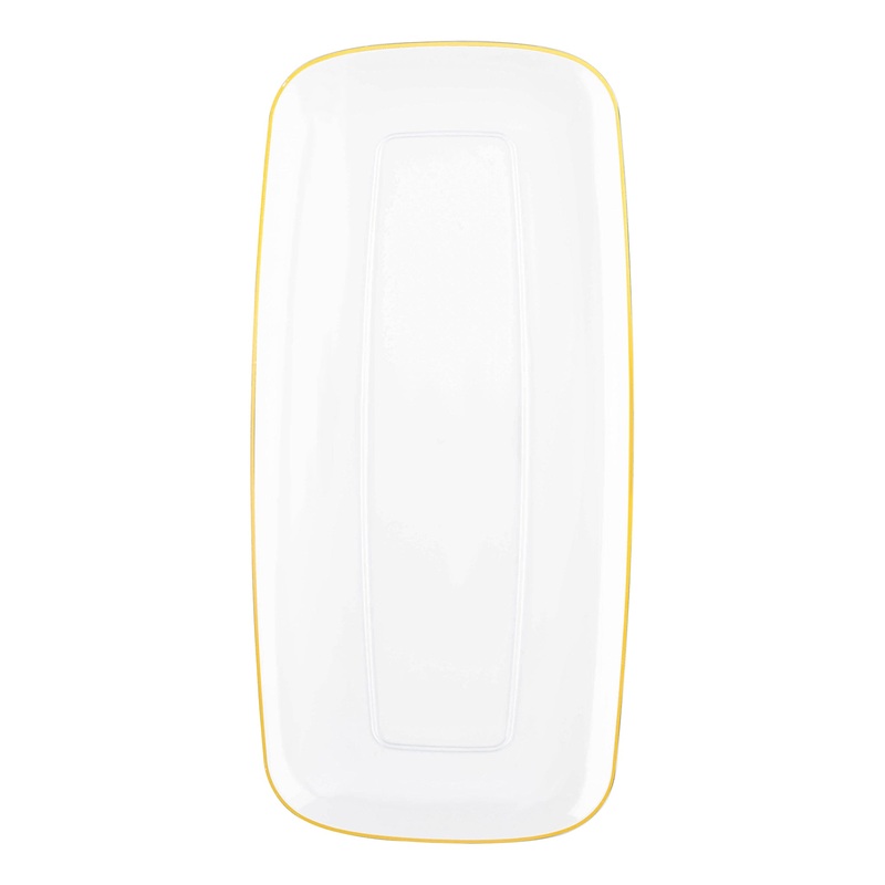 Clear with Gold Rim Flat Raised Edge Rectangular Disposable Plastic Plates (10.6″ x 5″)