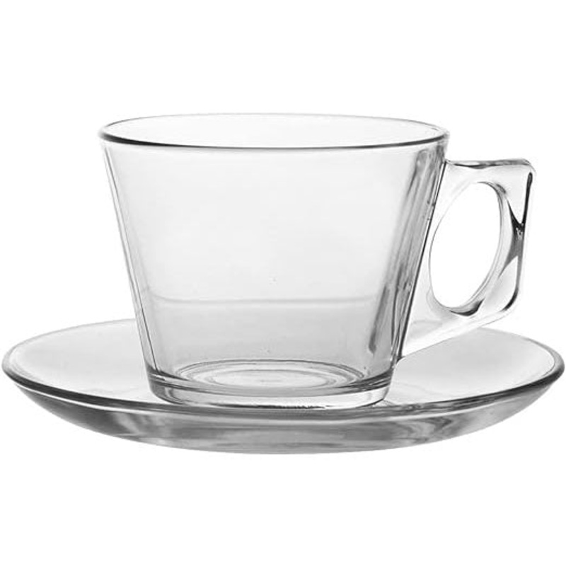 Pasabahce Vela Teacups with Saucers, Clear Glass Tea Set, 12 Pcs, 6.5 Oz (195 cc)