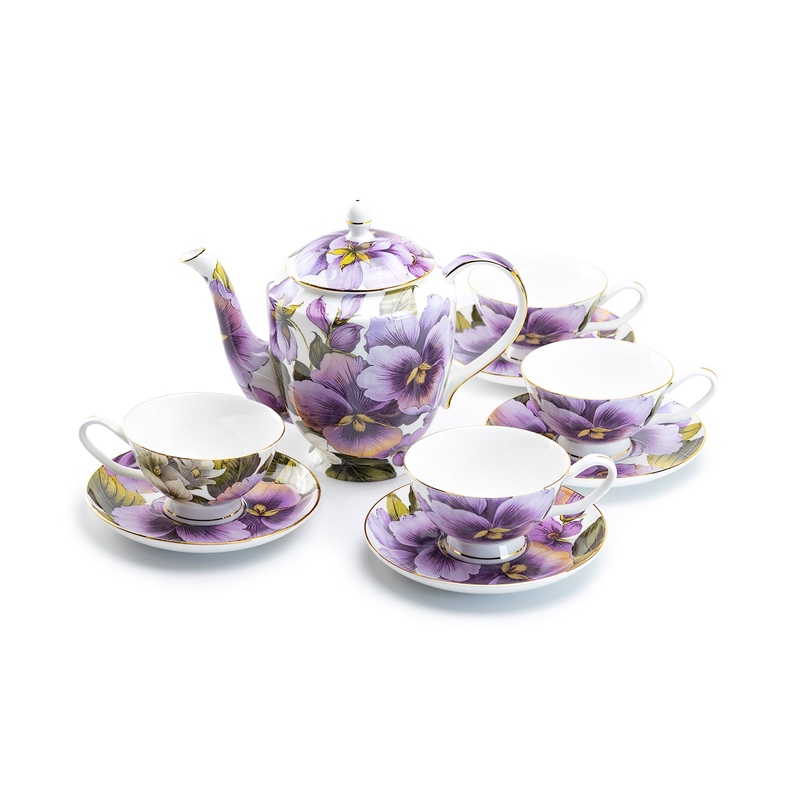 Purple Gold Pansy Bone China 9-Piece Tea Set