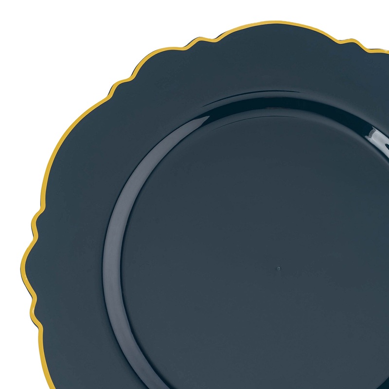 Navy with Gold Rim Round Blossom Disposable Plastic Appetizer/Salad Plates (7.5″)
