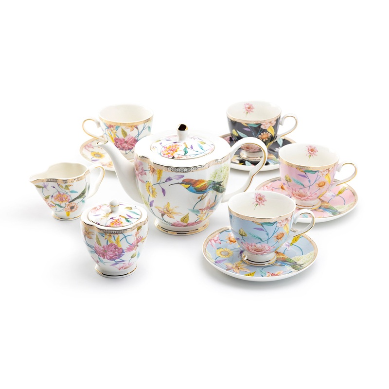 Spring Flowers with Hummingbird Assorted Color Cups Fine Porcelain Tea Set