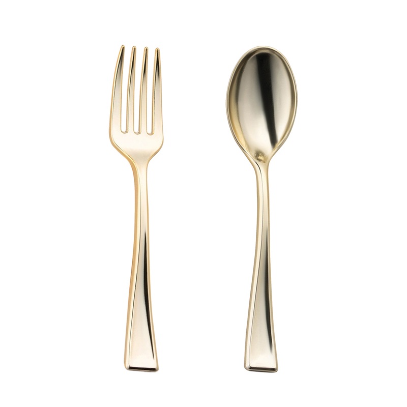 Gold Disposable Plastic Mini Flatware Set – 24 Dessert Spoons and 24 Dessert Forks