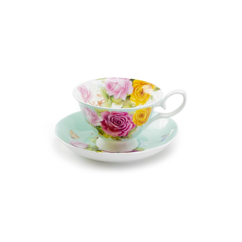 Rose Bouquet Mint Bone China Tea Cup and Saucer