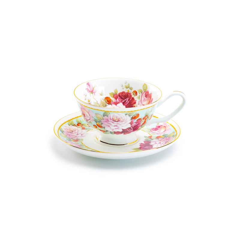 Peony and Strawberry Mint Bone China Tea Cup and Saucer