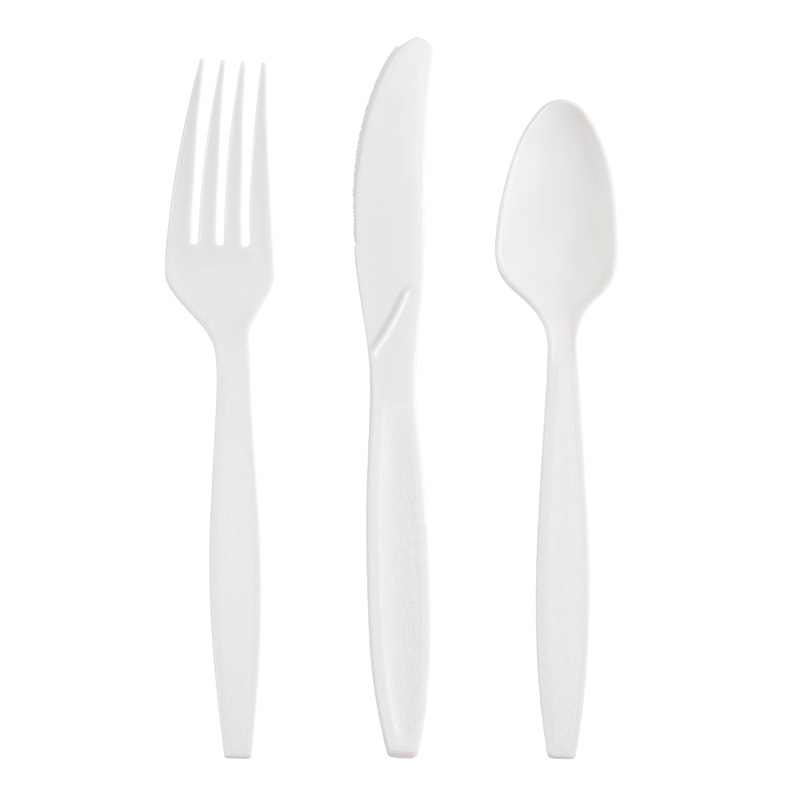 White Disposable Plastic Cutlery Set – 100 Spoons, 100 Forks and 100 Knives