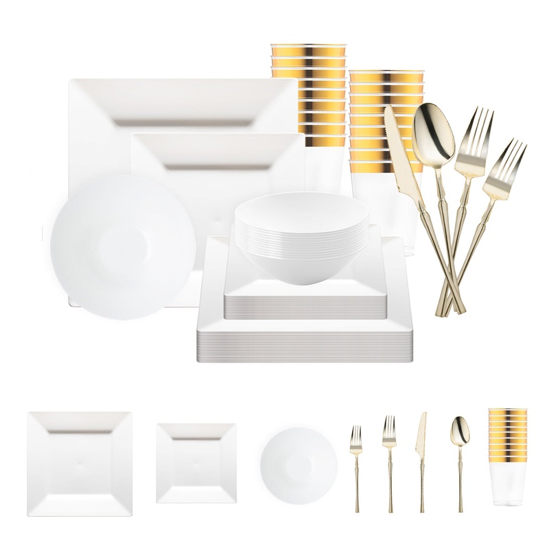 White Square Disposable Plastic Tableware Set