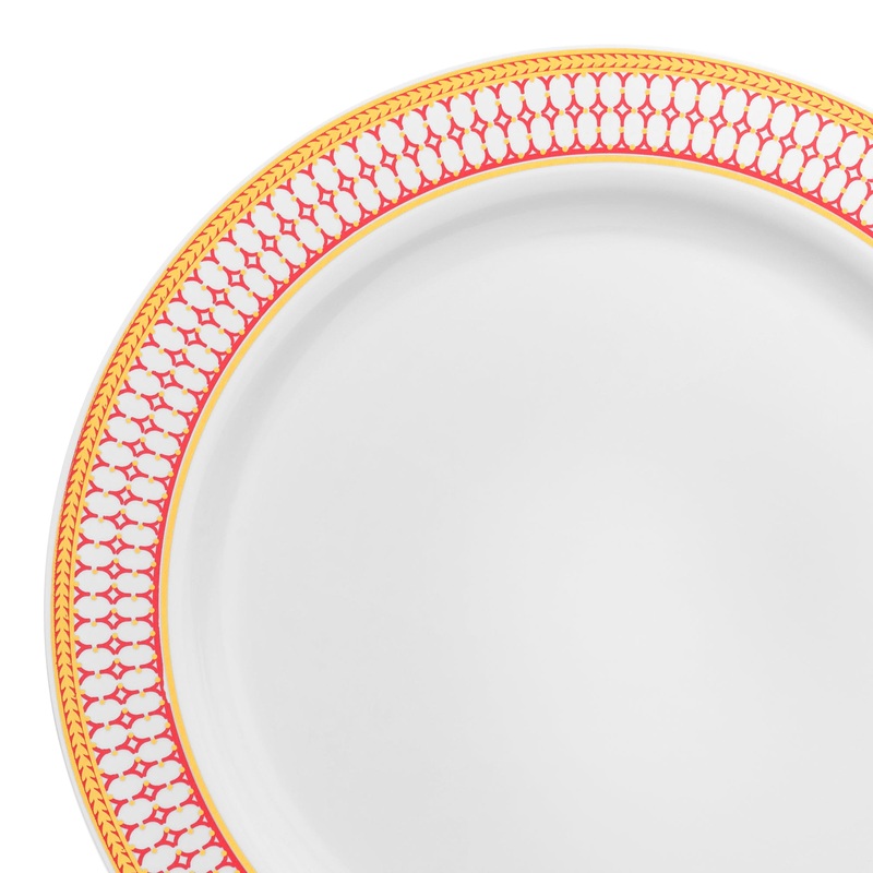 White with Red and Gold Chord Rim Plastic Dinner Plates (10.25″)