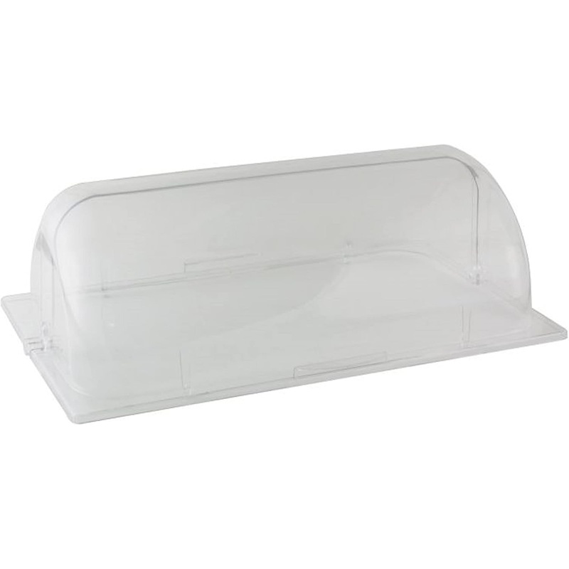 21-1/9″ x 14-1/4″ x 7-1/3″ Roll Top Chafer Cover Opens on both ends Clear Color- Food Pan Cover Pastry Cover Display Cover Serving Platter Cover Clear Food Pan Cover