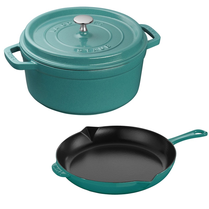 Staub Cast Iron 3-Piece Turquoise Cocotte and Fry Pan Set