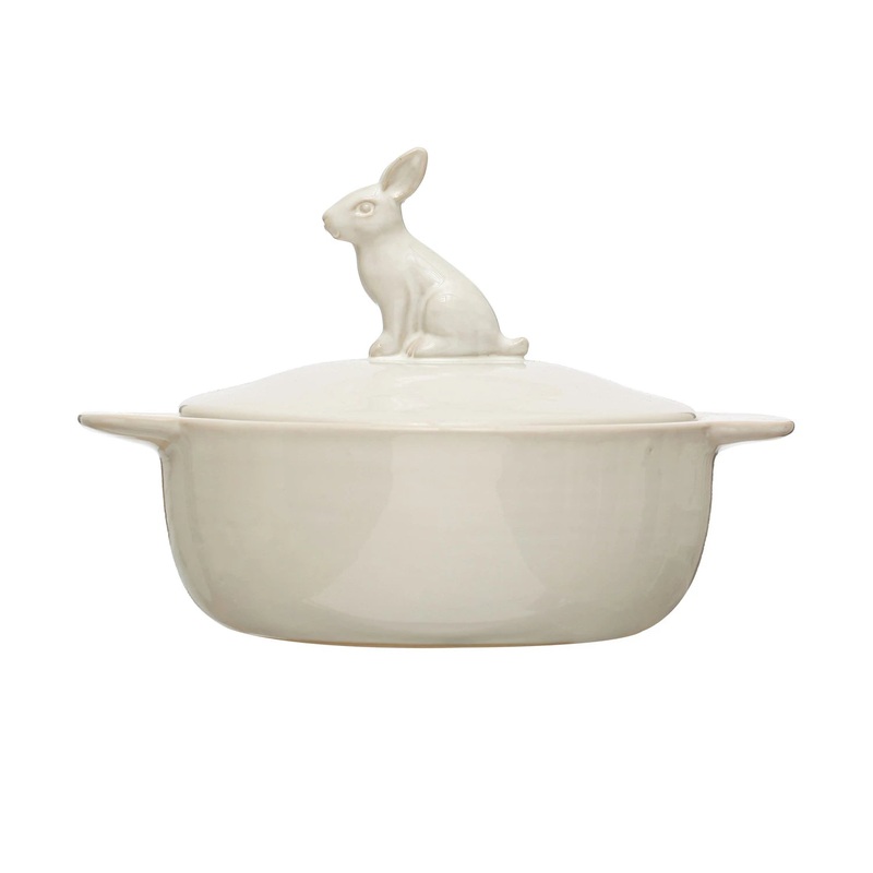 Stoneware Baker w/ Rabbit Finial, White 32 oz