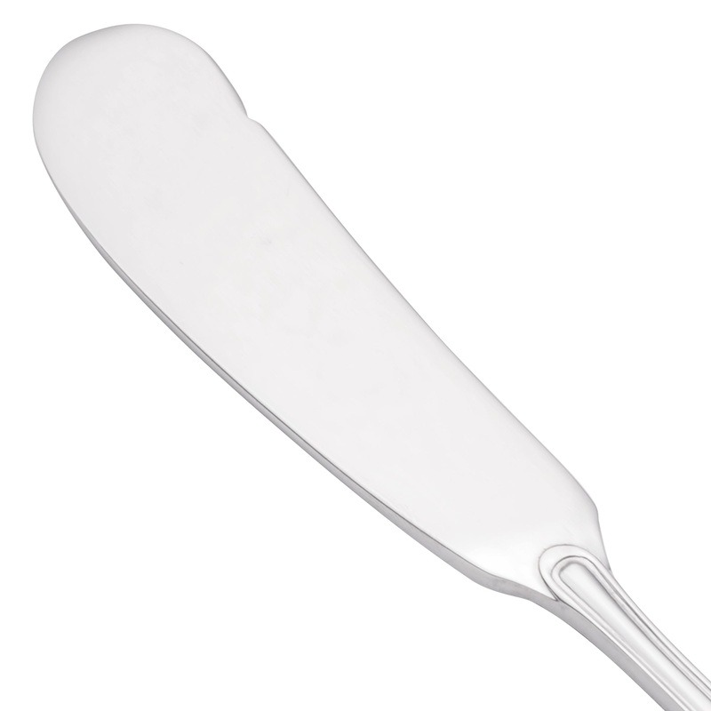 Walco 6611 Saville 6 3/16″ 18/0 Stainless Steel Heavy Weight Flat Handle Butter Spreader – 12/Pack