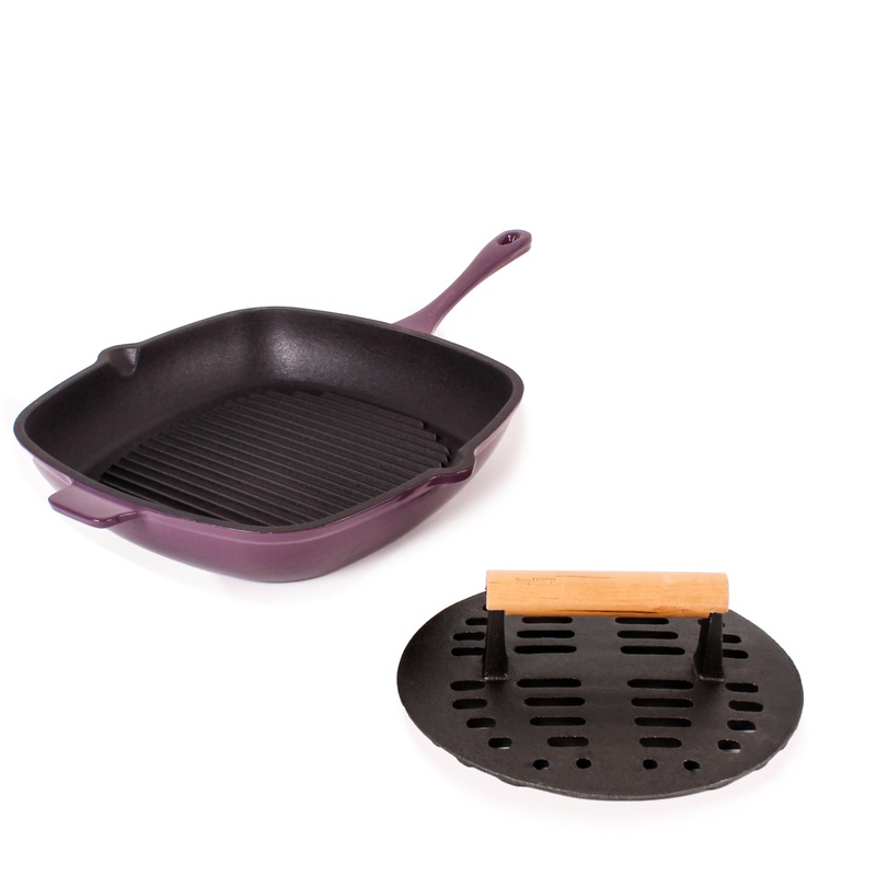 BergHOFF Neo 2pc Cast Iron 11″ Grill Pan with Slotted Steak Press, Purple