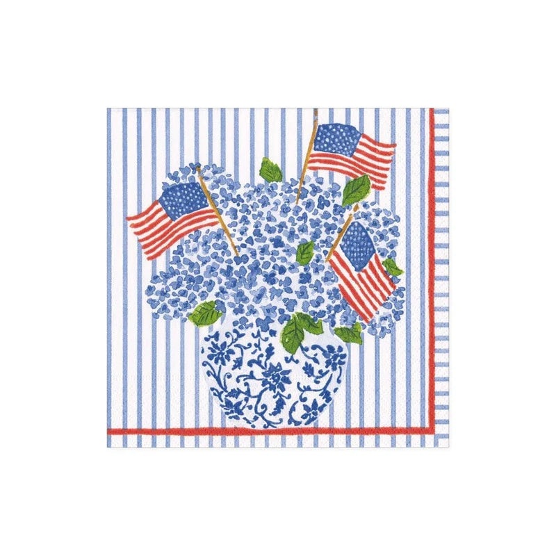 Caspari Flags and Hydrangeas Paper Cocktail Napkins – 20 Per Package