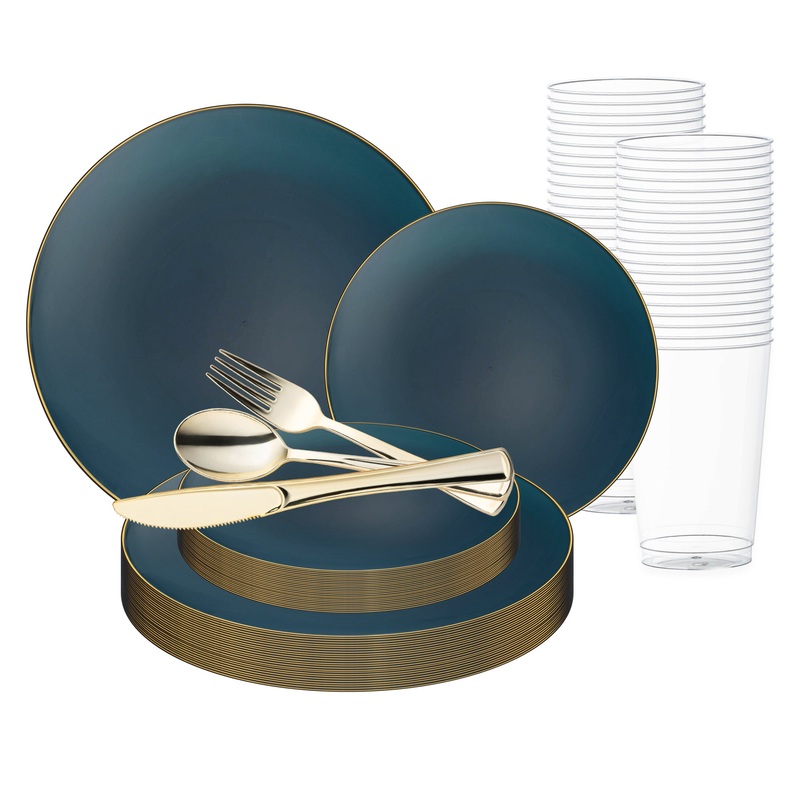 Navy with Gold Rim Organic Round Disposable Plastic Wedding Value Set