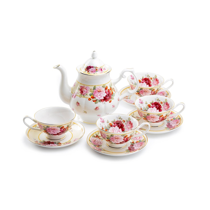Peony and Strawberry Cream Bone China 9-Piece Tea Set