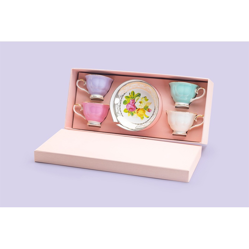 Rose Bouquet 3oz Espresso Cups and Saucers with Gift Box