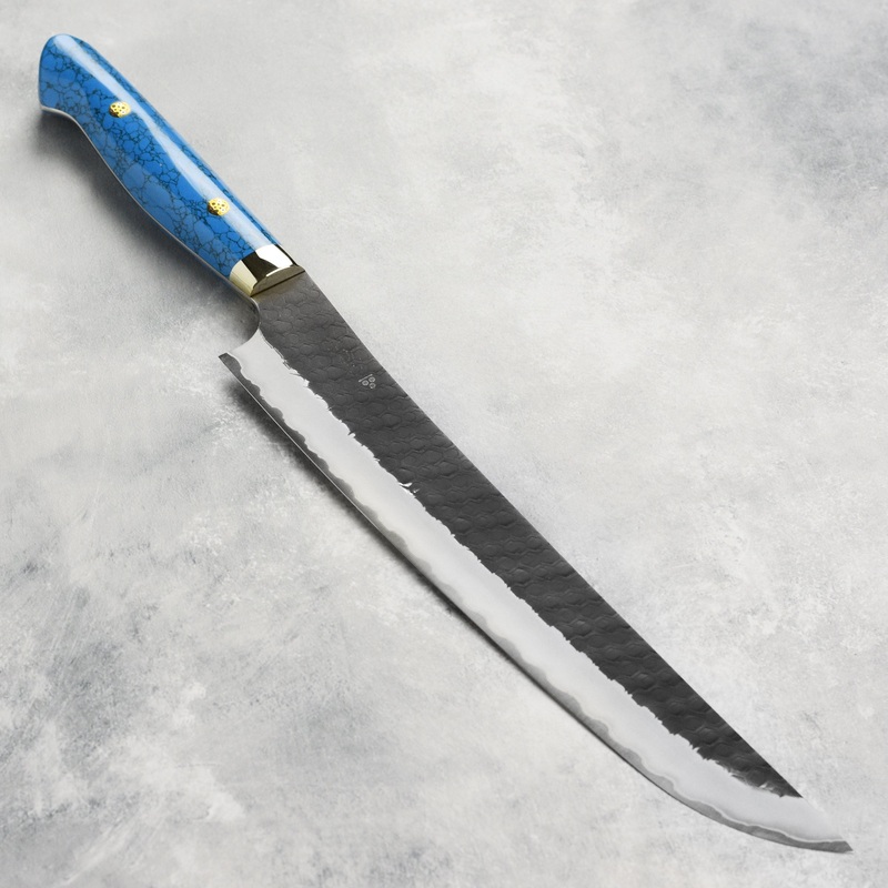 Nigara SG2 Kurouchi Tsuchime 10.6″ Sakimaru Sujihiki, Blue Turquoise