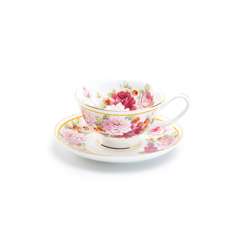 Peony and Strawberry Pink Bone China Tea Cup and Saucer