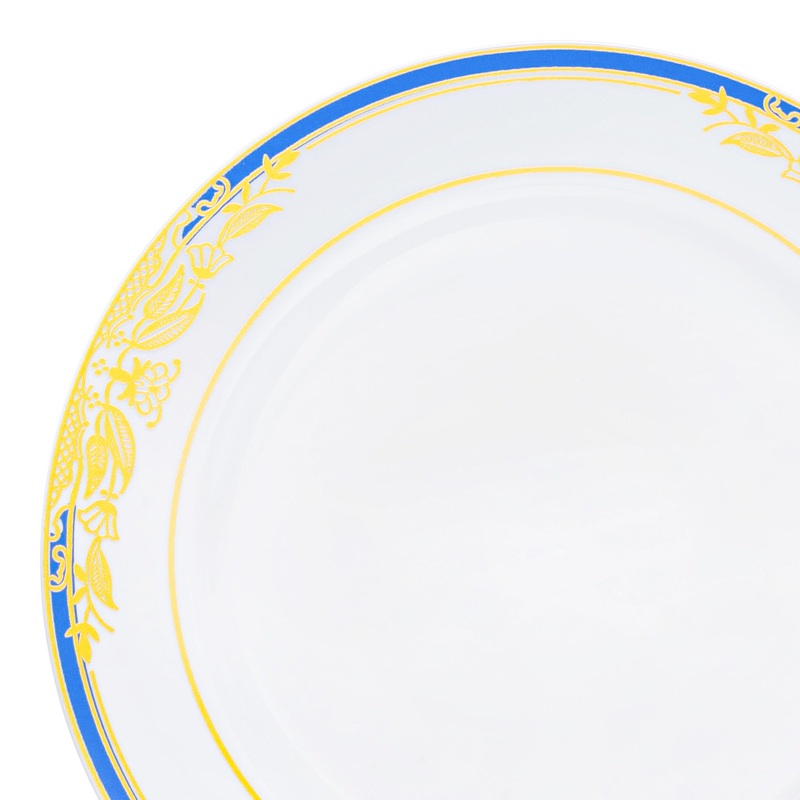 White with Blue and Gold Harmony Rim Plastic Dinner Plates (10.25″)