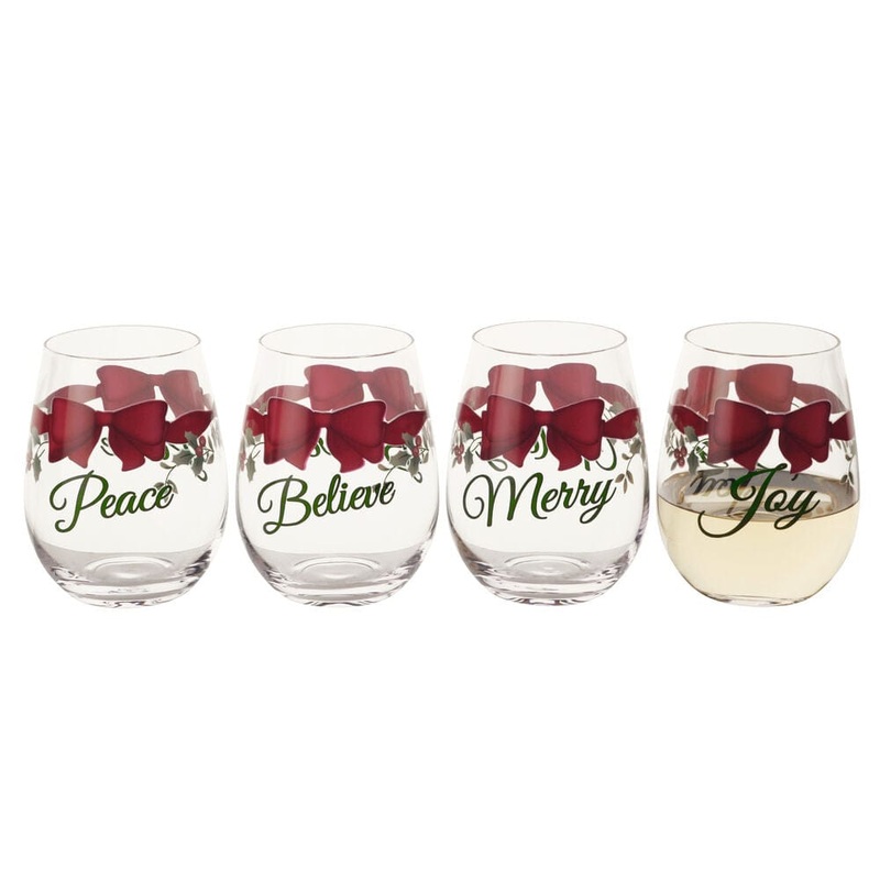 Winterberry Ribbon Set of 4 Stemless Wine Glasses