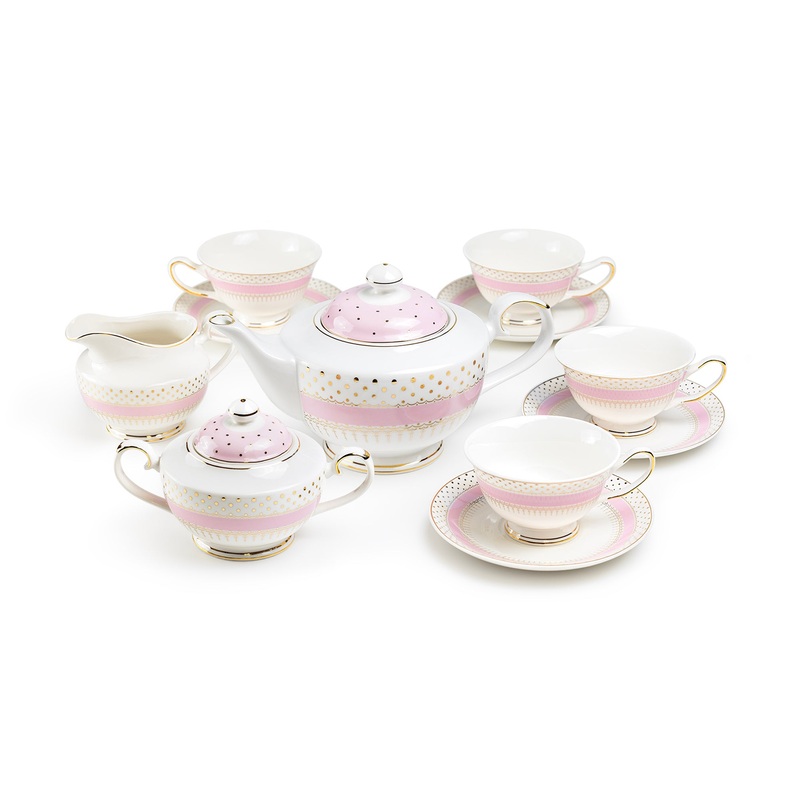 Pink Stripe with Gold Dots Fine Porcelain Tea Set