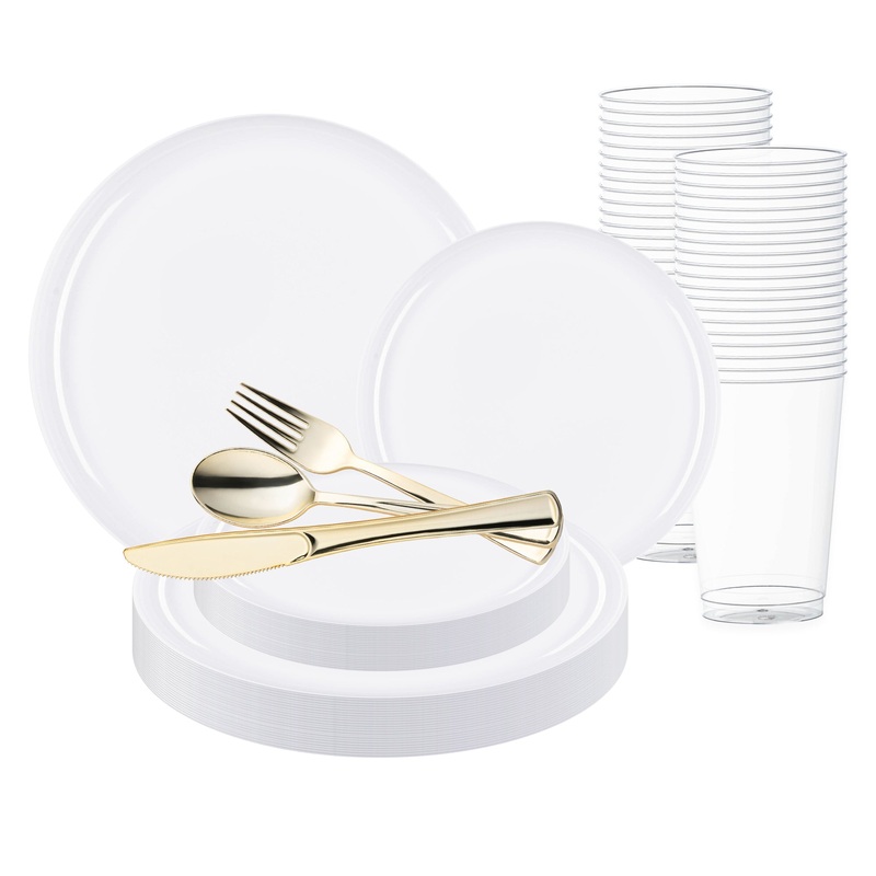 White Flat Round Disposable Plastic Wedding Value Set