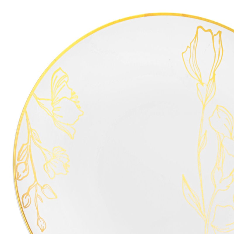 White with Gold Antique Floral Round Disposable Plastic Dinner Plates (10.25″)