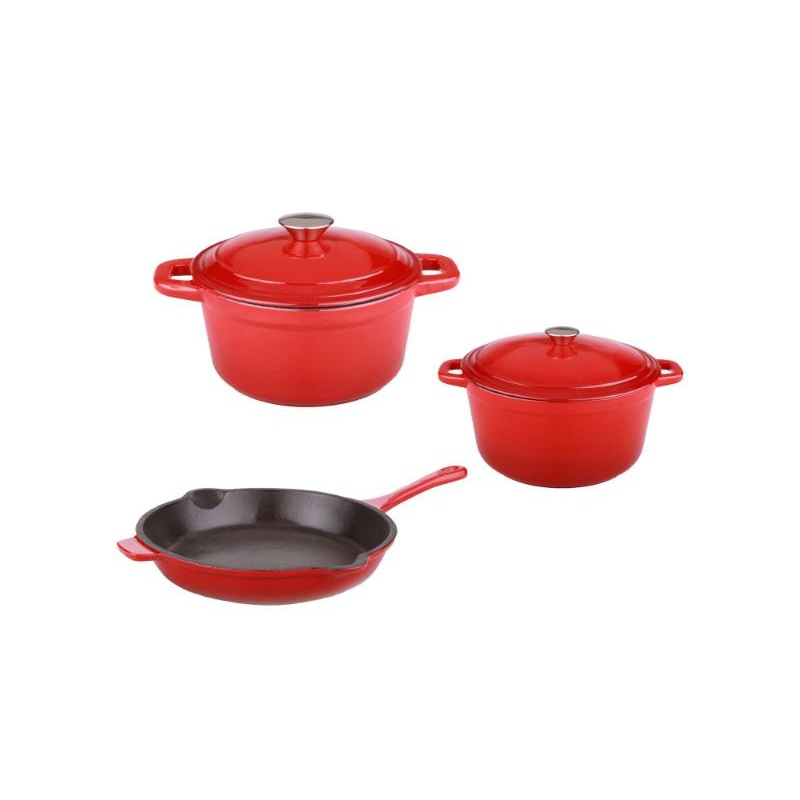 BergHOFF Neo 5pc Cast Iron Dutch Oven Set with 10″ Fry Pan, 3qt. & 5qt., Red