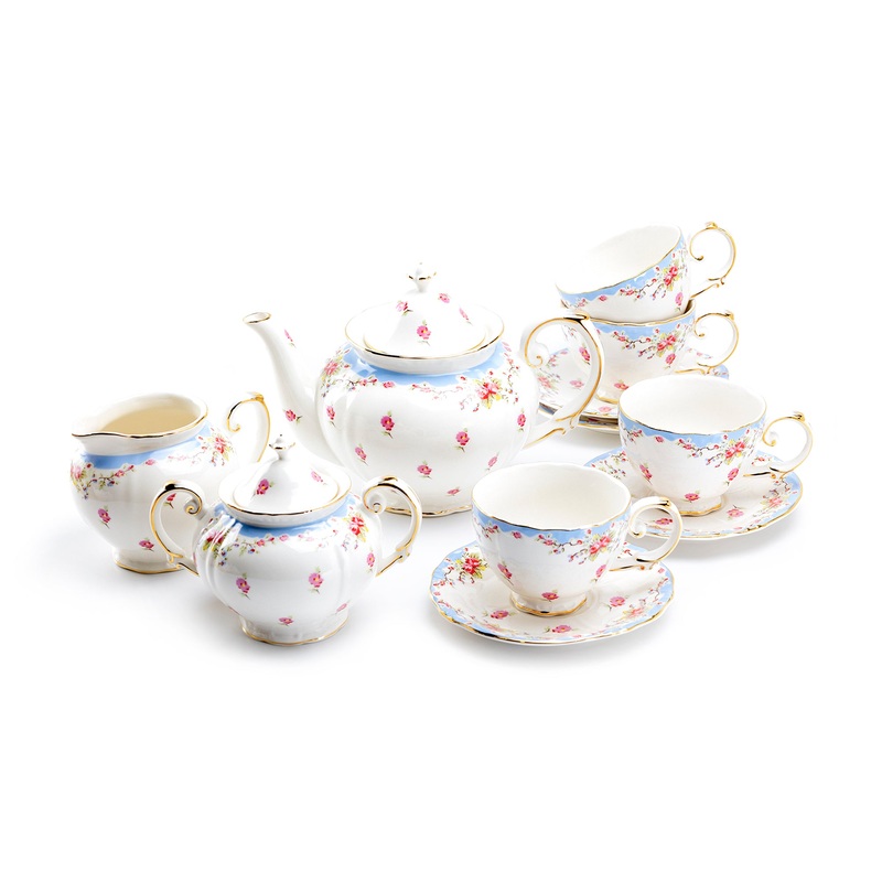 Rose with Blue Accent Fine Porcelain 11-Piece Tea Set