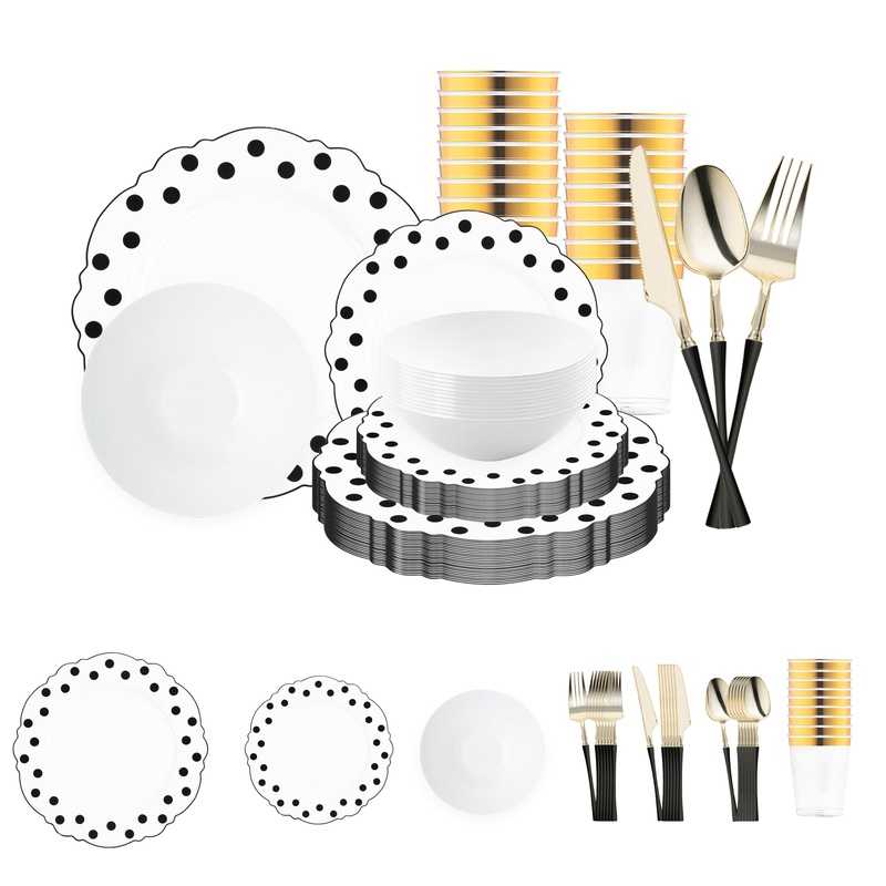 White with Black Blossom Dots Disposable Plastic Tableware Set