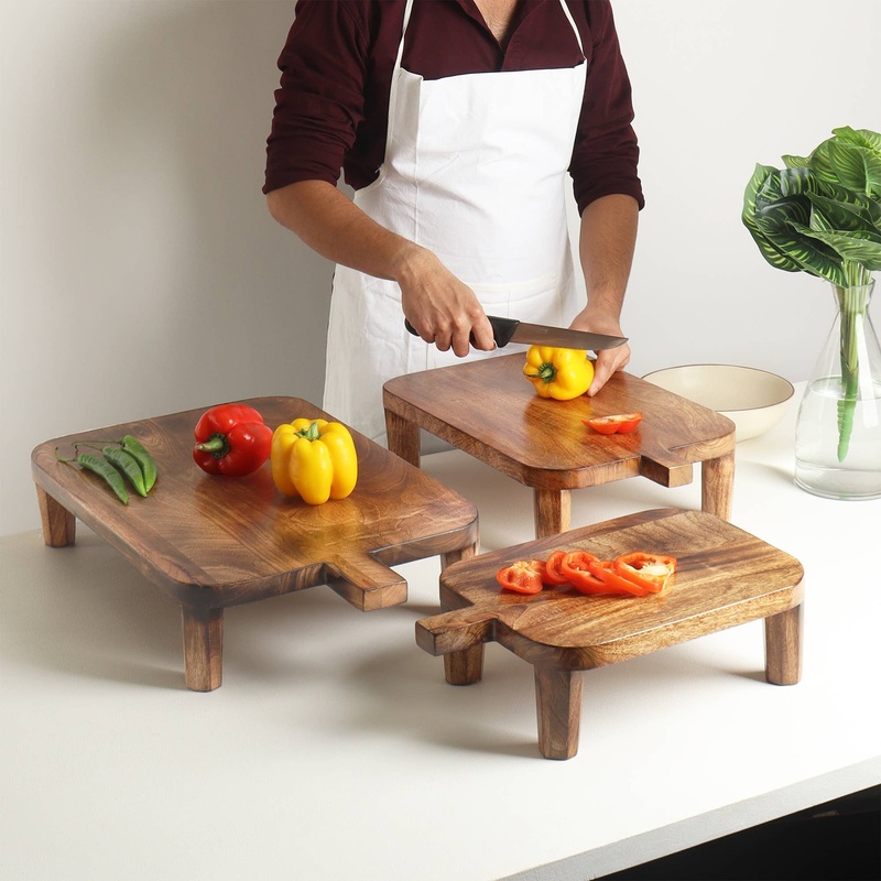 Wooden Footed Butcher Blocks w/ Handles S/3