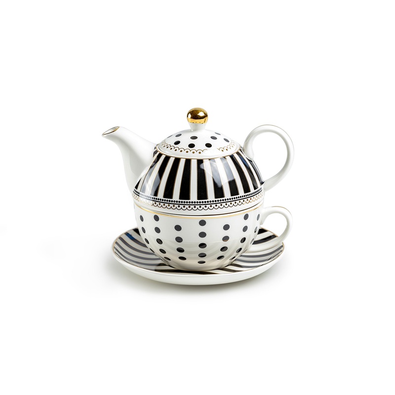 Black Josephine Stripes and Dots Fine Porcelain Tea For One Set