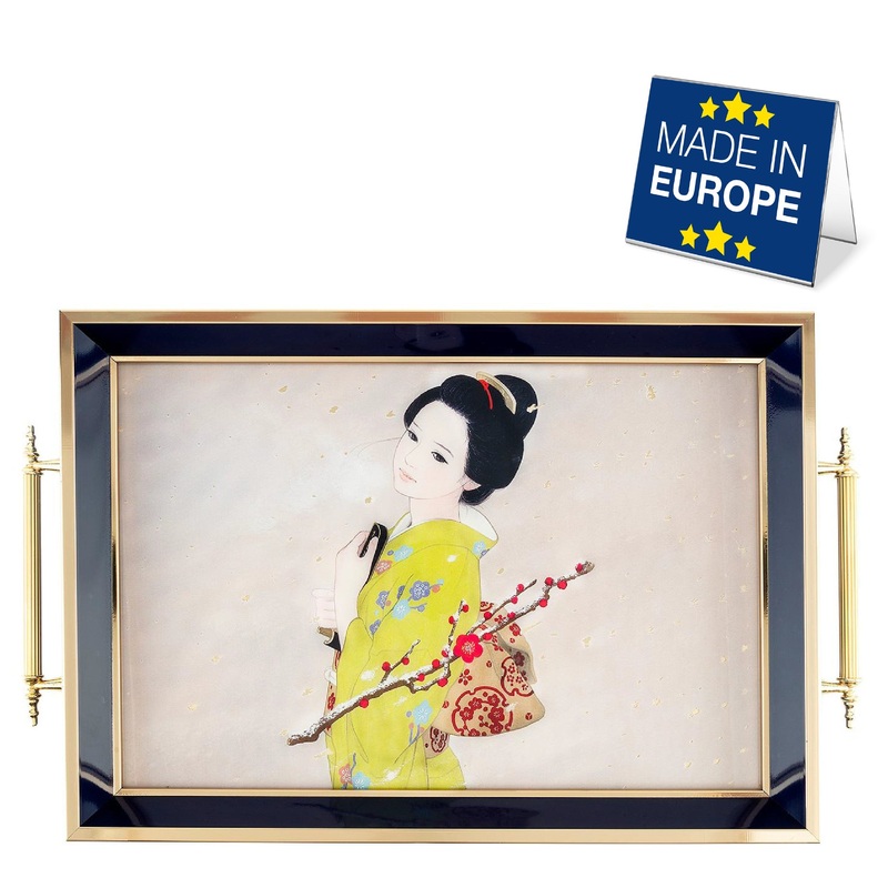 Hakan Rectangular Decorative Serving Tray 19×11.5-inch Ivory-Sakura Elegance with Glass Surface