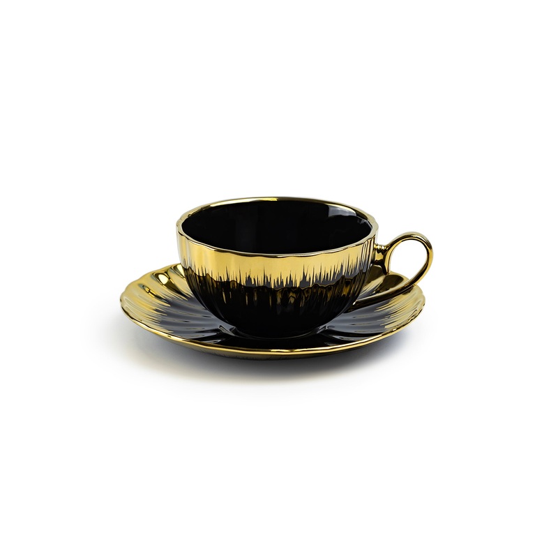 Black Gold Ripple Fine Porcelain Cup and Saucer