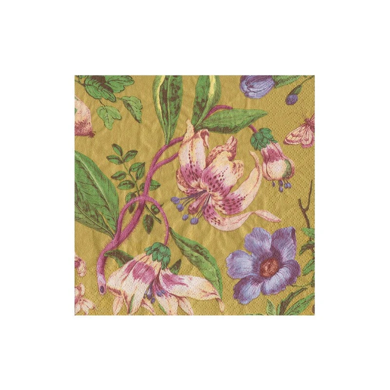 Caspari Porcelain Blooms Gold Cocktail Napkins – 20 Per Package