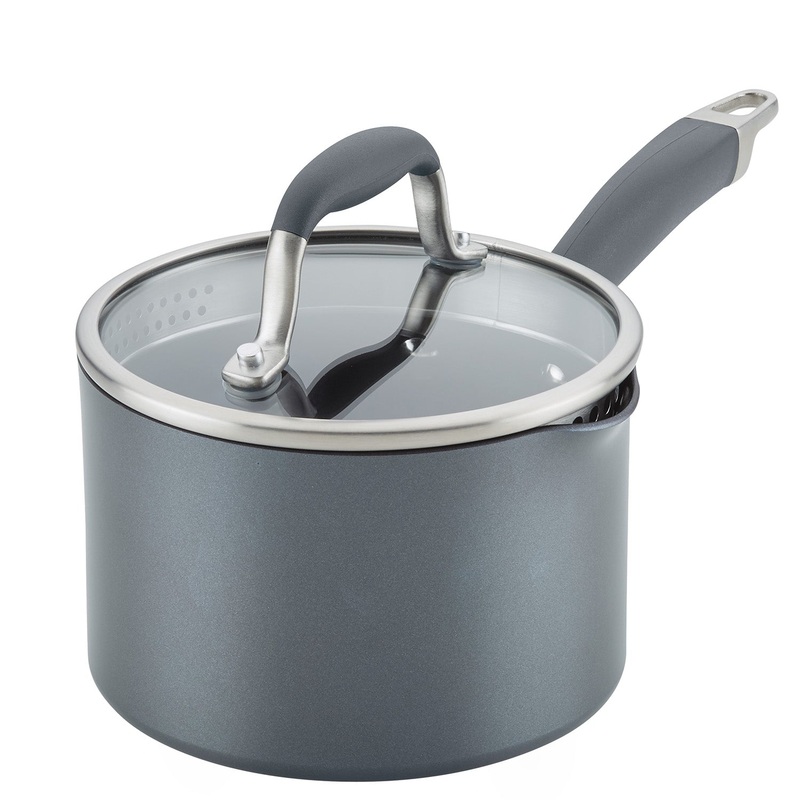 Anolon Advanced Home Hard-Anodized Nonstick Saucepan with Straining Lid, 2-Quart, Moonstone